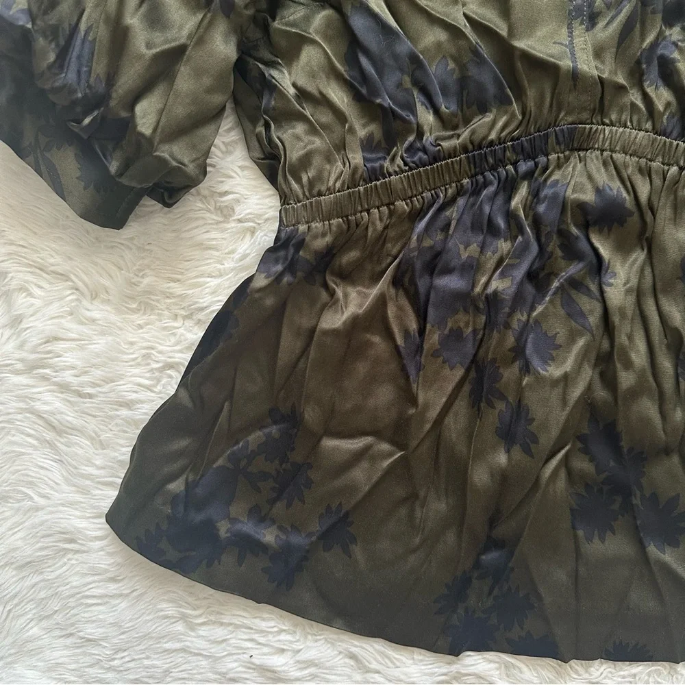 Madewell Blouse Shirred Puff-Sleeve Top in Satin Mossy Umber Floral XS NWT New